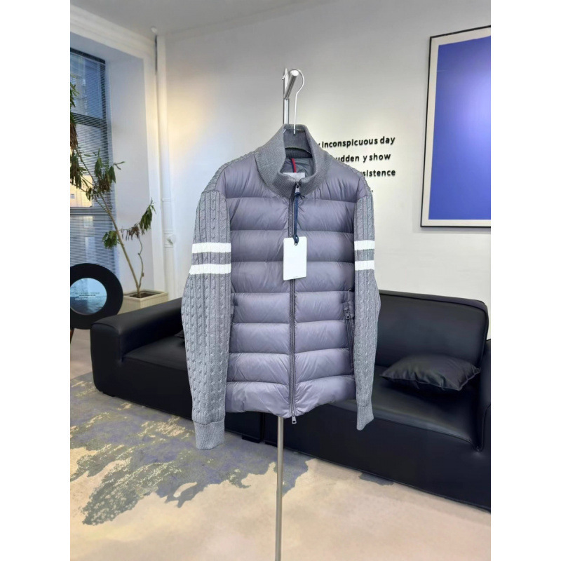M Brand Double-Bar Knit Stand Collar Striped Wool Patchwork Jacket with Hood, Lightweight down Jacket Coat for Men and Women, High-End New
