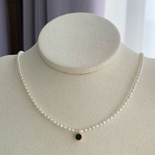 Natural Freshwater Pearl Necklace 18K Pack Golden Green Zircon All-Match Pearl Short Necklace ins Elegant Simple Clavicle Chain