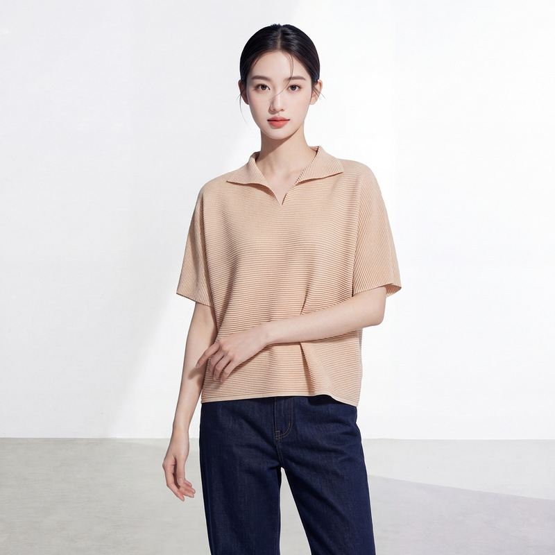 Minimalist Style Pleated T-Shirt for Women, Solid Color, Turn-Down Collar, Loose Fit, Tummy-Concealing, Slimming, Casual Workwear Top, Issey Miyake Short-Sleeve Summer Top Minimalist Style Pleated T-Shirt for Women, Solid Color, Turn-Down Collar, Loose Fit, Tummy-Concealing, Slimming, Casual Workwear Top, Issey Miyake Short-Sleeve Summer Top