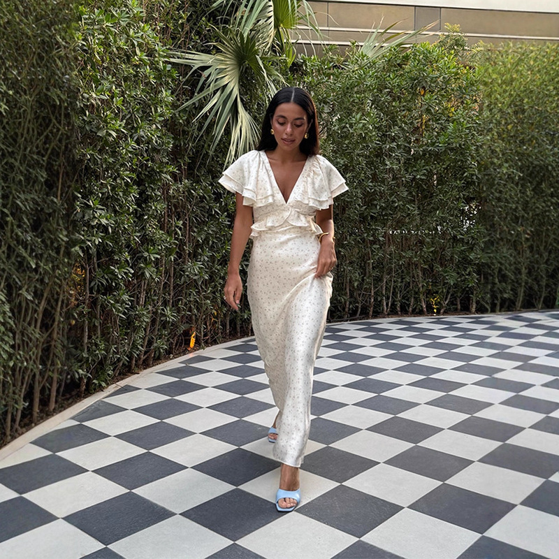 European and American Cross-Border 2025 Autum French Double-Layer Ruffled Sleeves V Neck Floral Print Dress Elegant Long Skirt