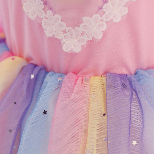 Girls' Dress Spring and Autumn Long-sleeved Unicorn Birthday Children's Clothing Girls Chic Rainbow Sequin Net Lace Princess Dress 