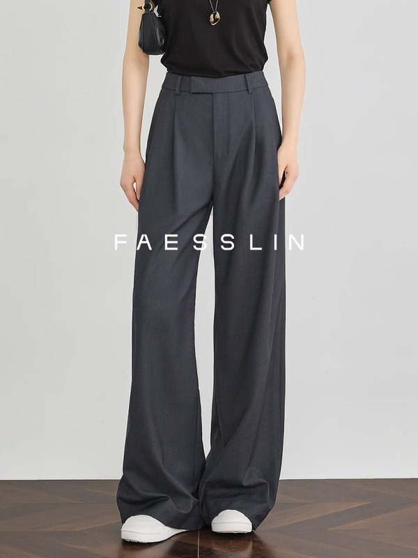 177 #   FAESSLIN【A4ウエストキラー】ブラックハイウエストスーツパンツエクストラロング高級ドレープ薄手ワイドパンツ|undefined