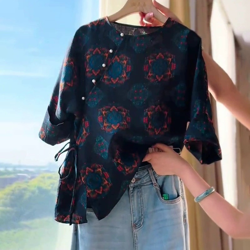 New Chinese Style Retro Dark Blue Top for Women Mo Ge Fish Yuan Chuang 2025 Summer Light Luxury Printed Mid-Sleeve Thin Shirt