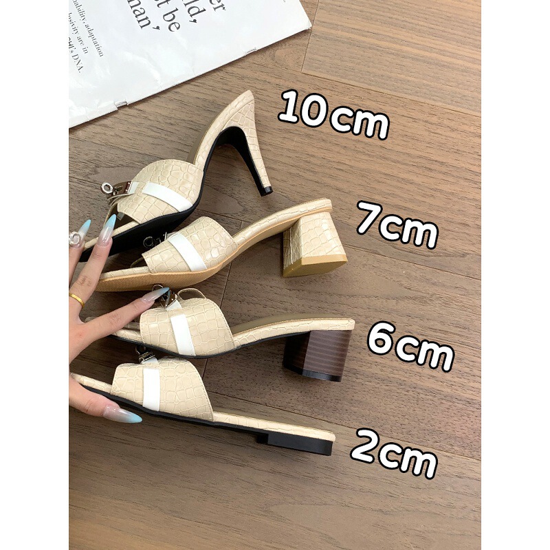 In Stock~ Women's Summer High-Heeled Sandals with Small Gold Buckle, Chunky Heel, Soft Sole, Slip-On Style, Beach Sandals In Stock~ Women's Summer High-Heeled Sandals with Small Gold Buckle, Chunky Heel, Soft Sole, Slip-On Style, Beach Sandals