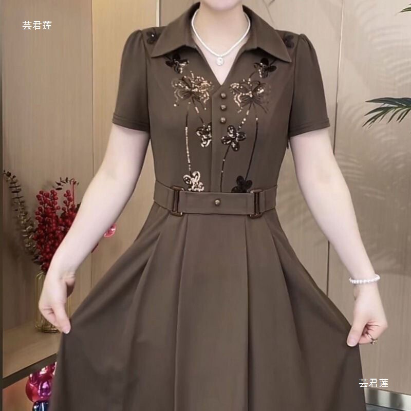 Trendy Dress 2026 New Summer Fashion Plus Size Sequin Polo Collar High Waist Slimming Mid-Length Women's Dress