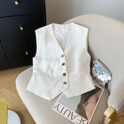 Chaleco de traje de lino con cuello en V blanco Chaleco de verano para mujer Chaleco sin mangas Chaleco superior 2024 Todo fósforo diseño delgado casual