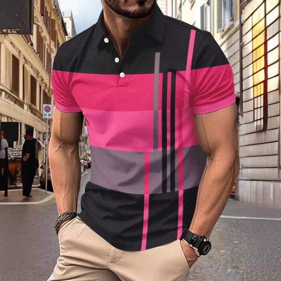 Cross-border Amazon wish summer European and American men's daily leisure striped printed lapel short sleeve polo shirt