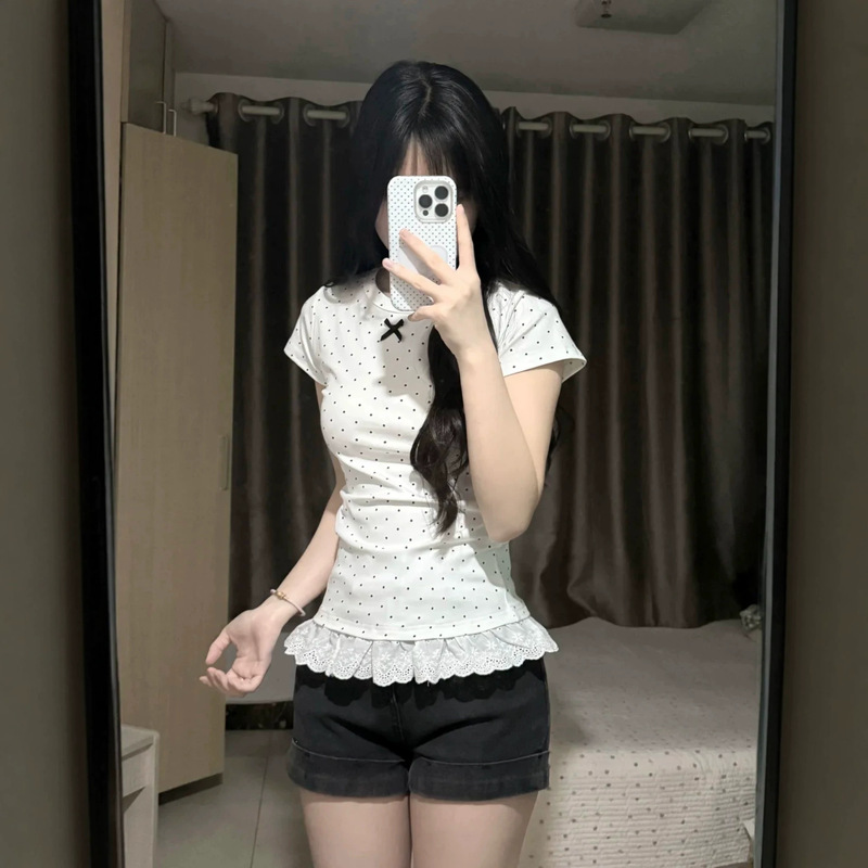 Korean-Style Lace Trim Patchwork Polka Dot Short-Sleeve T-Shirt Women's Set, New Summer High-End Design Top Korean-Style Lace Trim Patchwork Polka Dot Short-Sleeve T-Shirt Women's Set, New Summer High-End Design Top