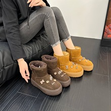 2025新款冬季加绒真皮勃肯短靴女甜美风小熊厚底防滑短筒雪地棉靴