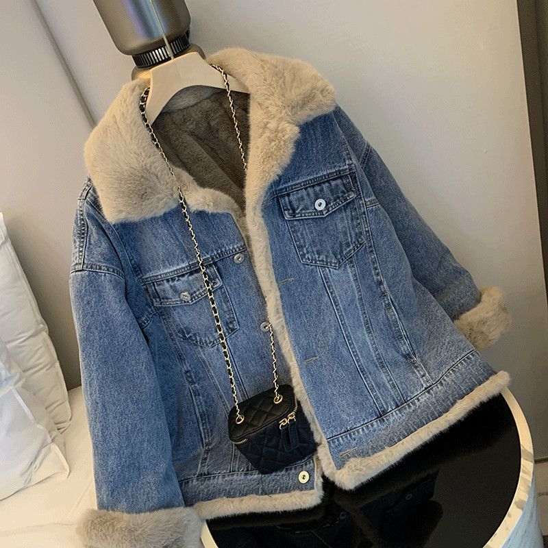 子羊の毛のデニムのコートの女性のベルベットの厚い毛のふわふわしたカジュアルbf風の綿の服のゆったりしたパーカーの女性のコートの冬|undefined