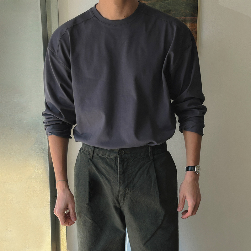MYQ简约风纯色打底衫男秋季宽松圆领长袖T恤韩系通勤风百搭上衣|undefined