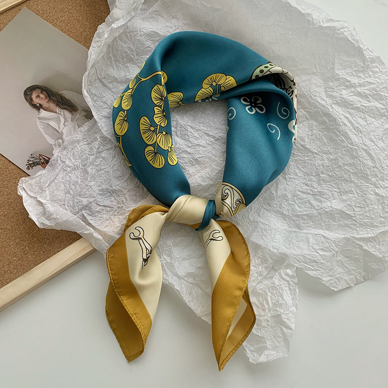 Bufanda de seda, bufanda cuadrada pequeña, sensación premium, nuevo estilo coreano, chal de seda de imitación dulce y fresco, bolso de flores, pañuelo en la cabeza, cinturón para el cabello