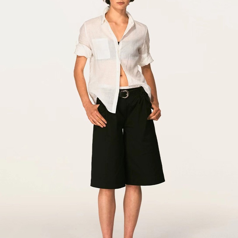 In Stock Alright Then French-Style Lazy Vibe Linen Shirt in Navy Blue with a Turn-Down Collar Design, Loose Fit and Slimming Effect Top