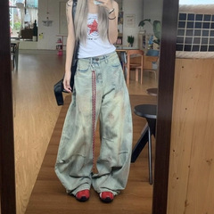 大码美式复古脏染做旧牛仔裤女设计感宽松弯刀阔腿高腰休闲拖地裤