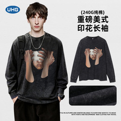 UHG秋裝純棉洗水做舊長袖印花上衣美式潮牌寬鬆圓領男女款黑色T恤