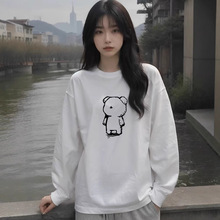 230G重磅纯棉白色长袖t恤女2025秋季宽松圆领女式打底T恤上衣