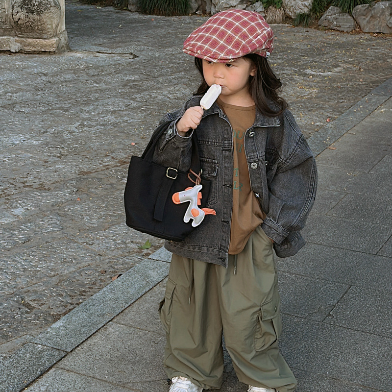 Bolso de mezclilla lindo de los niños de las mujeres 2023 Otoño Nuevo estilo coreano bolso de cubo de tela de color sólido para niños