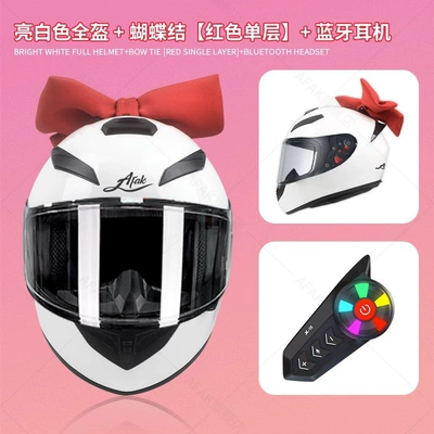 Motosiklet kaskı (dəbilqə) — electric motorcycle safety helmet - pure-white-with-silver-plated-mirror-red-bow-bluetooth-headset-anti-fog-sticker-m