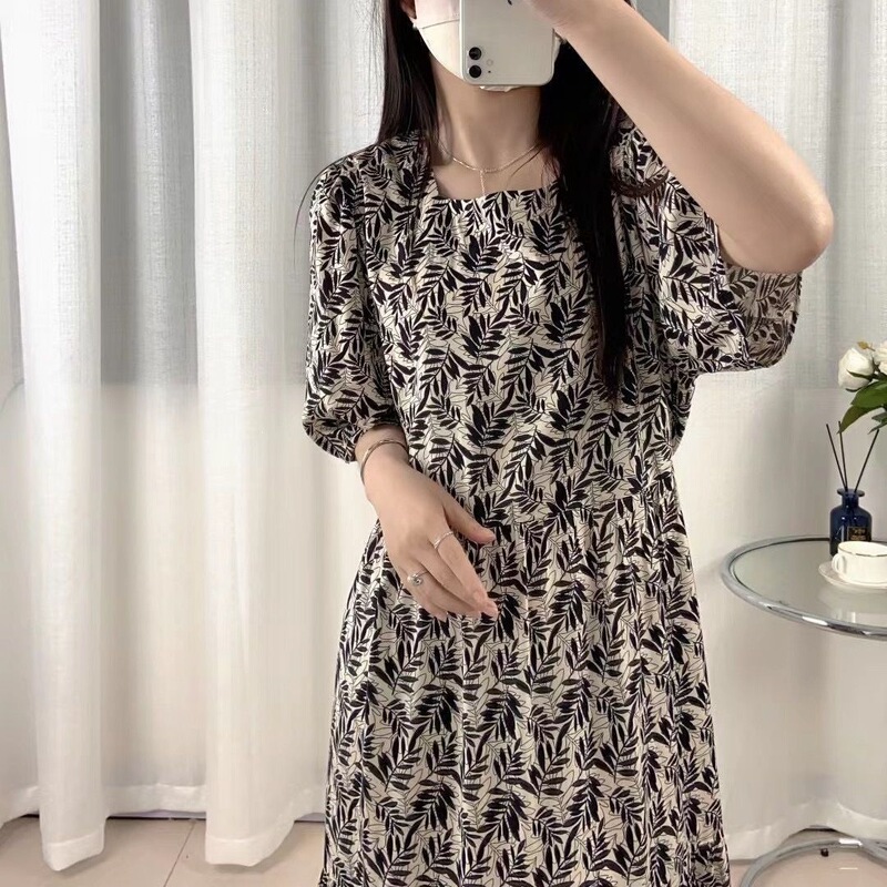 Homewear That Can Be Worn Outside, Summer Artificial Cotton Square-Neck Cotton Silk Long Slimming Dress, Cake Dress, New Style Square-Neck Green