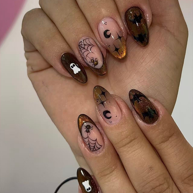 Autumn Brown Cat-Eye Gradient French-Style Press-On Nails with Ghost Bat Spider Design Halloween Nail Art Nail Pieces Autumn Brown Cat-Eye Gradient French-Style Press-On Nails with Ghost Bat Spider Design Halloween Nail Art Nail Pieces