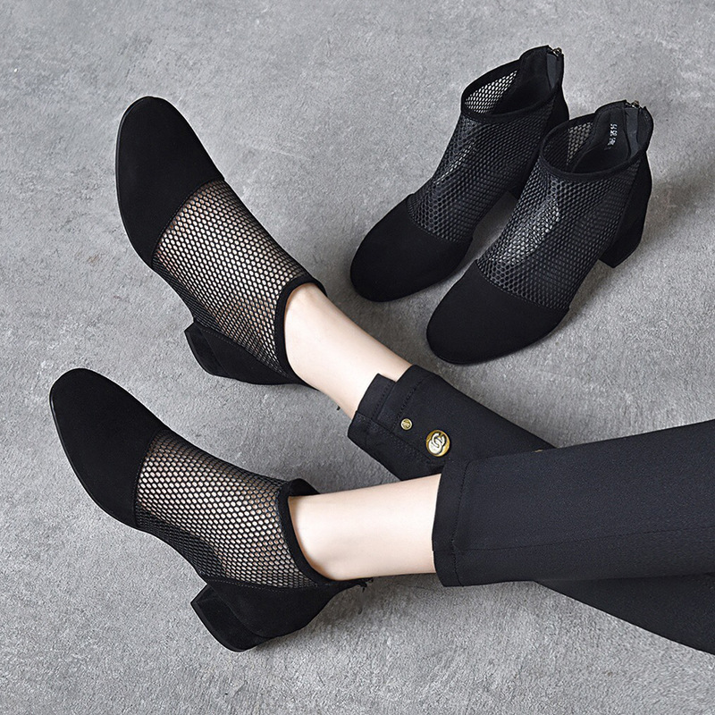Sandal cao cổ nữ da thật mũi tròn gót dày 2.5 cm kiểu La Mã khoét lỗ lưới thoáng khí — Chiều cao gót 2.5 cm