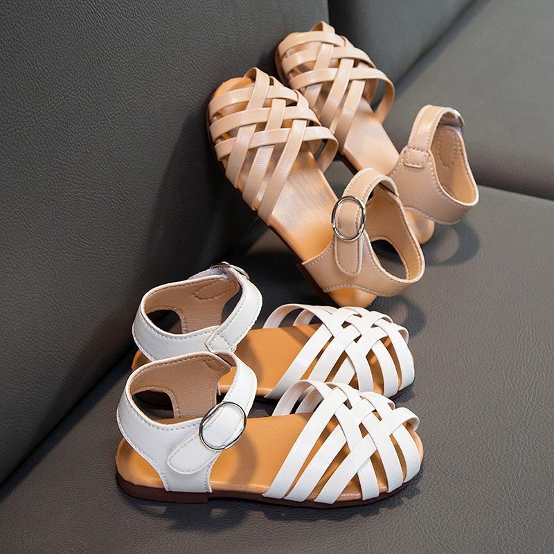 Детские сандалии для девочек, лето 2024, новая модель, с пряжкой, открытый носок, пляжная обувь, мягкая подошва, плетеные, для маленьких принцесс