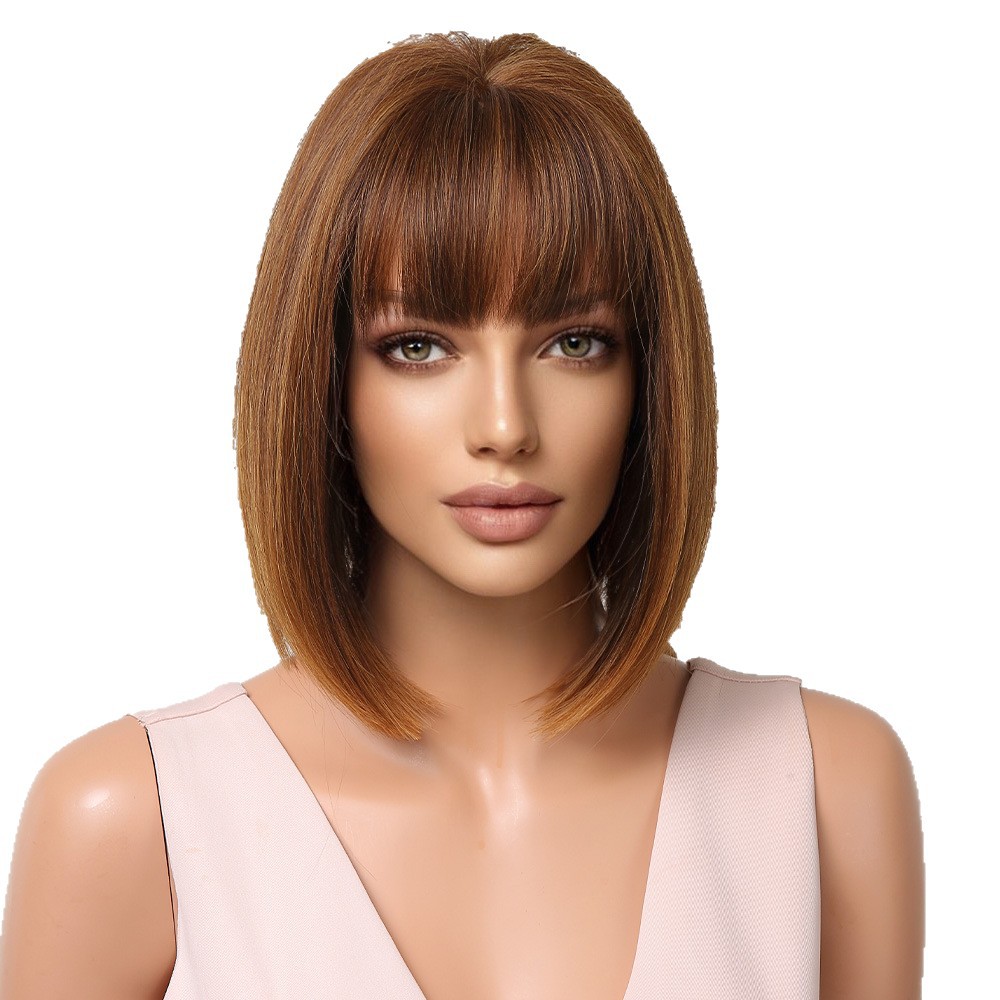 Peluca de las mujeres de alta temperatura de seda de pelo corto verano color natural cabeza de Bobo temperamento reducción de edad flequillo pelo corto recto peluca cubierta de la cabeza image 6