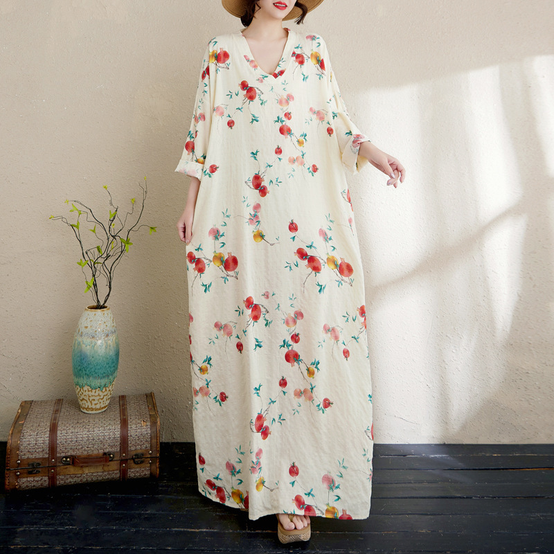 Plus Size Spring and Summer New Cotton and Linen Printed Long-Sleeved Dress V Neck Loose Slim Robe Seaside Resort Style Long Skirt
