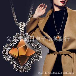 Korean retro new crystal rhombus square sweater chain long simple and versatile clothing women's popular necklace wholesale