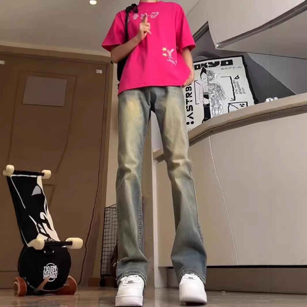 Lavados con agua hechos viejos jeans de estilo americano de alta calle vibe viento hombre vintage slimming rectas pantalones largos