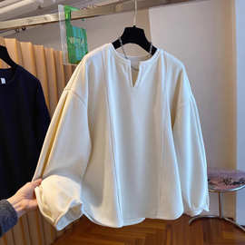 胖mm大码德绒新款纯色韩系简约V领慵懒风卫衣女宽松休闲显瘦上衣