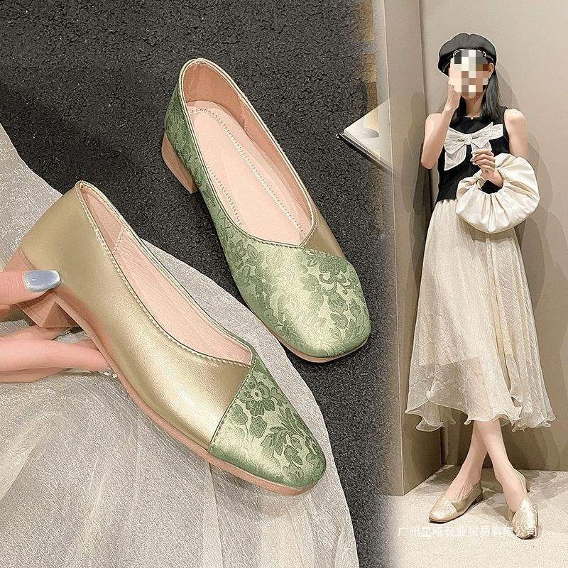 新中式2025软皮国风时尚软底百搭平底单鞋方头中低女鞋豆豆鞋女