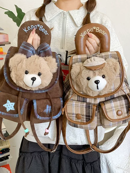Super Trendy Cartoon Plaid Mini Backpack, Fashionable and Simple Bag for Women, Cute Bear Head Plush Backpack