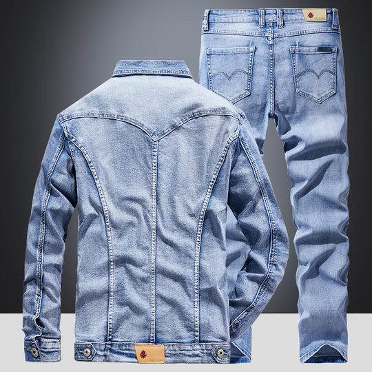 Light blue Denim suit men's slim-fit Korean-style stretch two-piece suit 2023 spring and autumn trendy jacket jacket