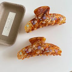 镶钻花朵~醋酸板材重工发抓欧美风白色蓝色大姐姐气质盘发鲨鱼夹
