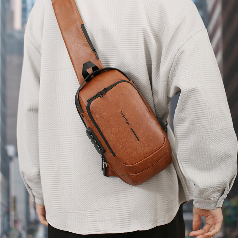 Bolsos de hombre, bolsos de hombro PU, mochila deportiva multifuncional, mochila de pecho impermeable, carga USB, bolso de pecho antirrobo