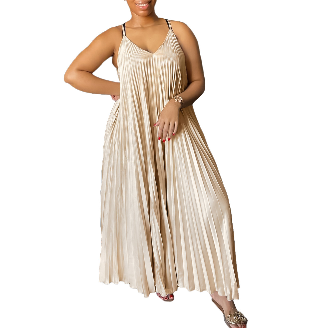 Women's Strap Dress Sexy V Neck Pleated Sleeveless Solid Color Maxi Long Dress Holiday Daily display picture 38