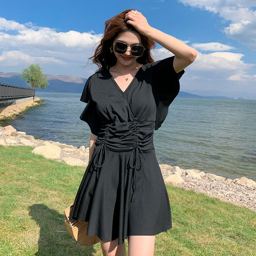 Plus-size 200-pound women's one-piece swimsuit: Covering, figure-flattering design with a gathered skirt style—perfect for hiding the midsection while enhancing a sleek silhouette. Ideal for hot springs and cozy wear, especially for curvy ladies with larger busts.