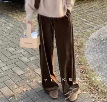舒适百搭 松紧腰丝绒阔腿裤女垂感拖地空气裤显瘦直筒裤休闲长裤|undefined