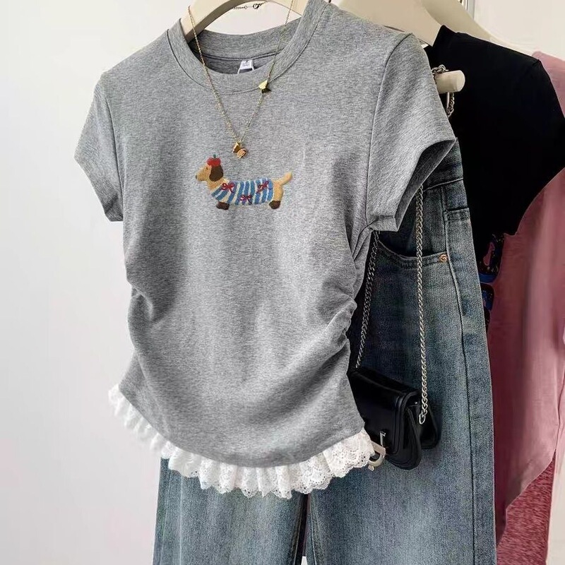 Gray Lace Puppy Short-Sleeved T-Shirt for Women Summer 2025 Summer Style Small Short Shoulder Waist Top
