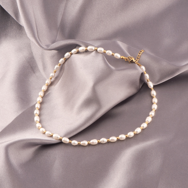 18g Weight Necklace Classification 1 Piece Quantity Lady Solid Color Freshwater Pearl Titanium Steel Beaded Plating Necklace