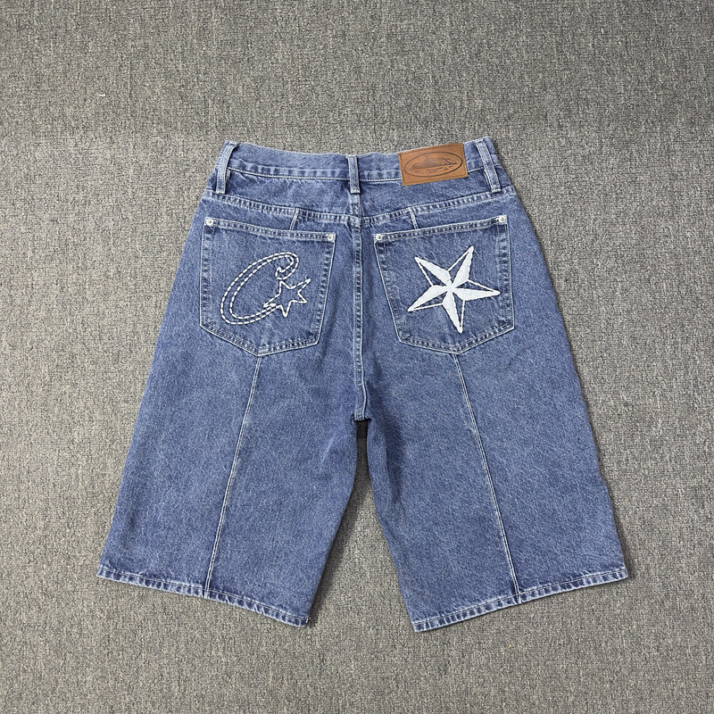 Corteiz Alcatraz Denim Shorts Star Embroidery Washed Blue
