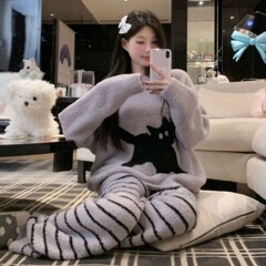 新款卡通黑猫条纹半边绒睡衣女秋冬季软绵绵加厚珊瑚绒家居服套装
