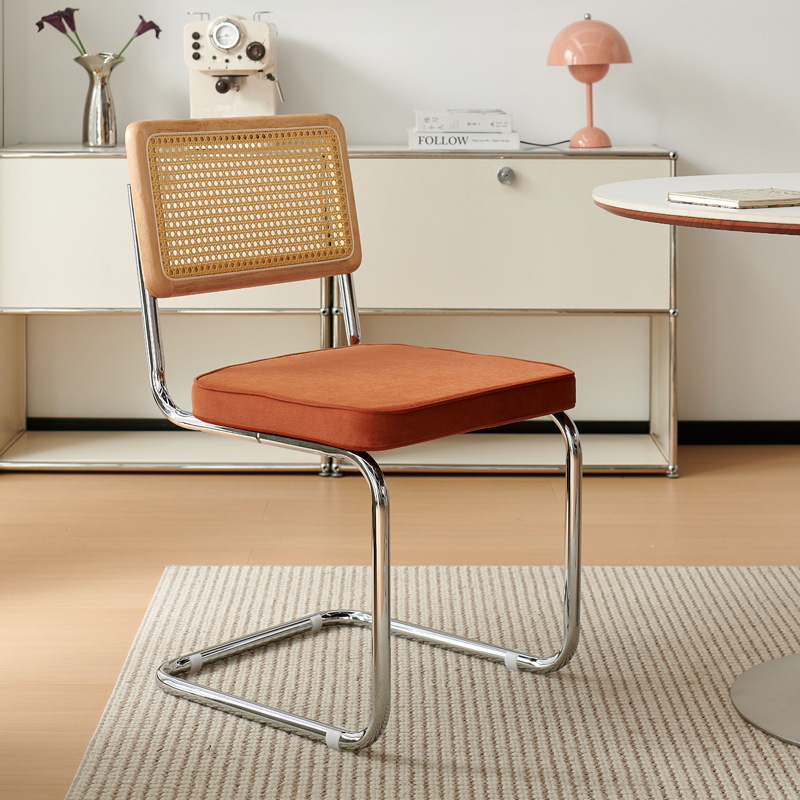 家用藤编椅简约绒布餐椅网红咖啡厅中古椅客厅餐桌椅洽谈靠背椅子