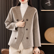 秋冬V领短款双面羊绒大衣女小个子气质双面绒纯羊毛呢子外套开衫