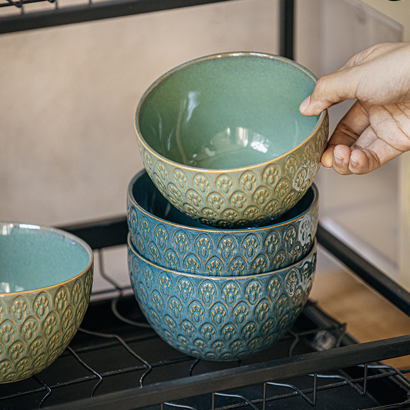 Tazón de arroz con patrón de pájaro de 5 pulgadas en relieve, cuenco de cerámica, horno retro de alto valor, conjunto de tazón de arroz más grande, exportación transfronteriza