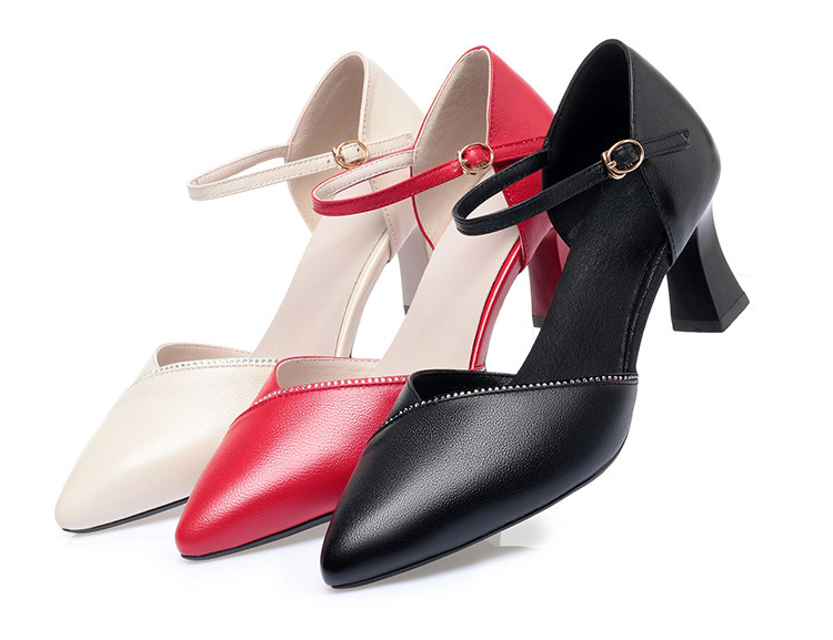 Sandal quai ngang da thật gót vuông mũi nhọn cho nữ, giày cao gót hở mũi kiểu dáng sang trọng — Màu be chi tiết 30