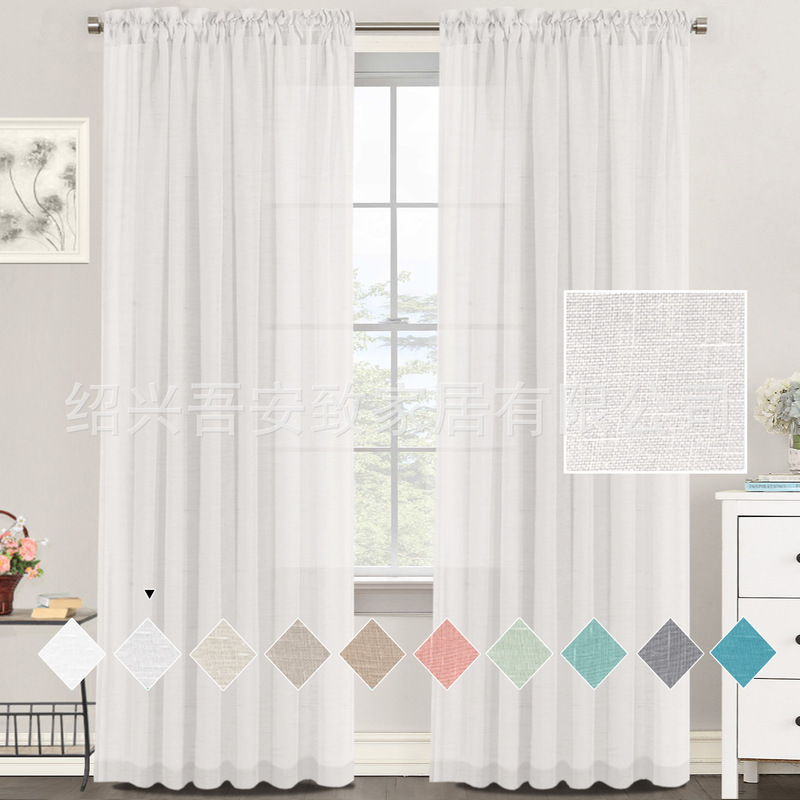 Cross-border Amazon Hot Sale Linen Window Screen Wearing Rod Curtain Low Shading Light Luxury Simple Solid Color Finished Window Screen Curtain