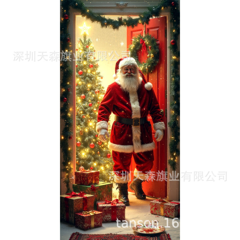 跨境爆款亚马逊圣诞节门盖旗帜雪人圣诞树真实感门套圣诞毛球花边|undefined