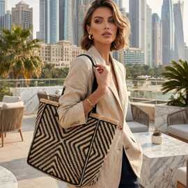 夏季女拉菲草手钩拼色条纹托特包大容量度假五面单肩包百搭腋下包
